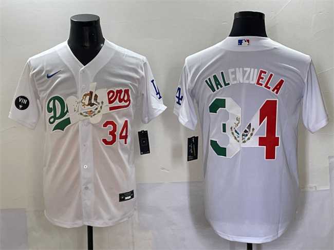 Men%27s Los Angeles Dodgers #34 Fernando Valenzuela White Mexico Special Vin Scully Patch Stitched Baseball Jersey Dzhi