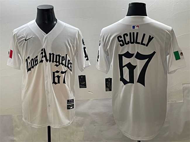 Men%27s Los Angeles Dodgers #67 Vin Scully White Mexico 2025 LA Gothic Style With Fernando Patch Vapor Premier Limited Stitched Baseball Jersey