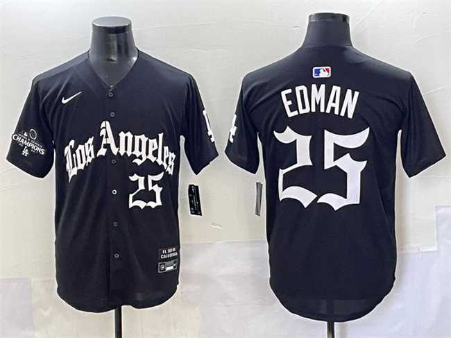 Men%27s Los Angeles Dodgers #25 Tommy Edman Black Mexico 2025 LA Gothic Style With 2024 World Series Champions Patch Vapor Premier Limited Stitched Baseball Jersey