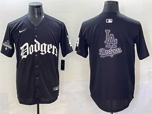 Men%27s Los Angeles Dodgers Team Big Logo Black 2025 LA Gothic Style With 2024 World Series Champions Patch Vapor Premier Limited Stitched Baseball Jersey