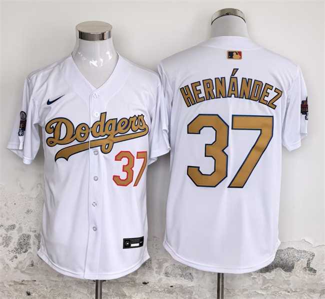 Men%27s Los Angeles Dodgers #37 Teoscar Hernandez White Gold 2025 Cool Base Stitched Jersey