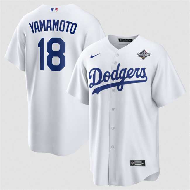 Men%27s Los Angeles Dodgers #18 Yoshinobu Yamamoto White 2025 World Series Home Cool Base Stitched Jersey Dzhi