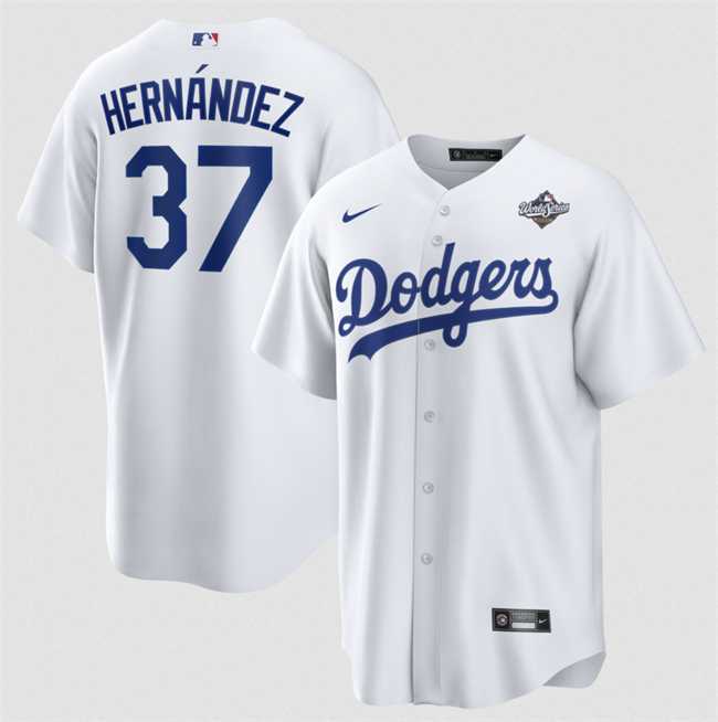 Men%27s Los Angeles Dodgers #37 Teoscar Hernandez White 2025 World Series Home Cool Base Stitched Jersey Dzhi