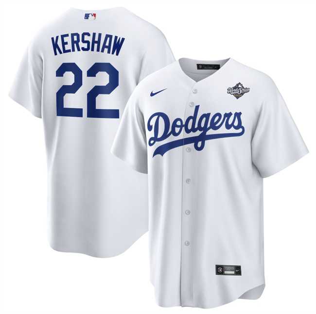 Men%27s Los Angeles Dodgers #22 Clayton Kershaw White 2025 World Series Home Cool Base Stitched Jersey Dzhi