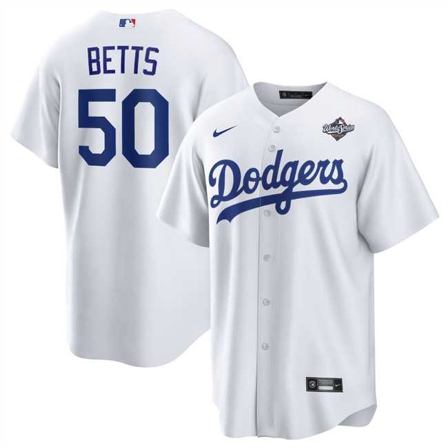 Men%27s Los Angeles Dodgers #50 Mookie Betts White 2025 World Series Home Cool Base Stitched Jersey Dzhi