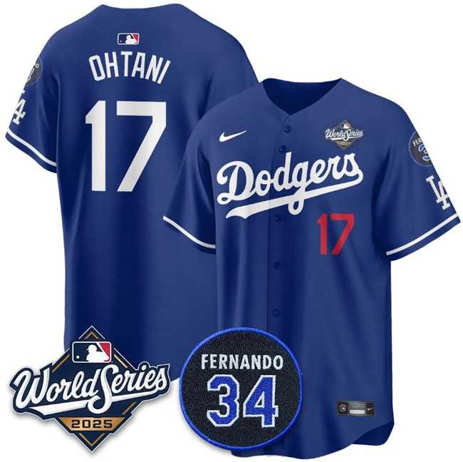 Men%27s Los Angeles Dodgers #17 Shohei Ohtani Royal 2025 World Series With No.34 Patch Limited Stitched Jersey