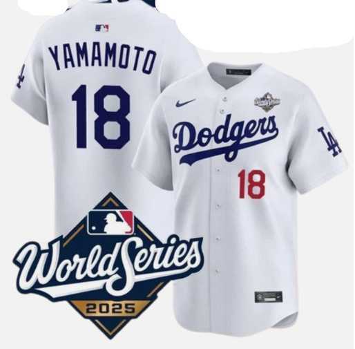 Men%27s Los Angeles Dodgers #18 Yoshinobu Yamamoto White 2025 World Series Home Limited Stitched Jersey