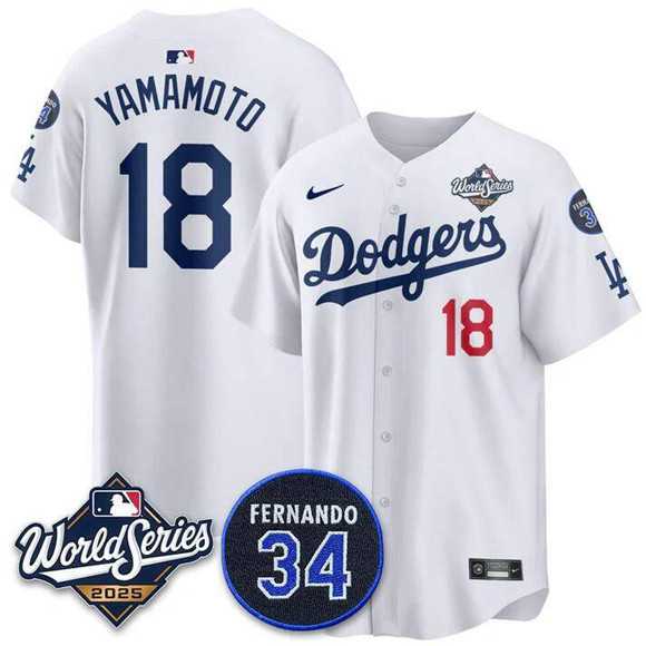 Men%27s Los Angeles Dodgers #18 Yoshinobu Yamamoto White 2025 World Series With No. 34 Patch Limited Stitched Jersey
