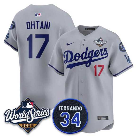 Men%27s Los Angeles Dodgers #17 Shohei Ohtani Gray 2025 World Series With No. 34 Patch Limited Stitched Jersey