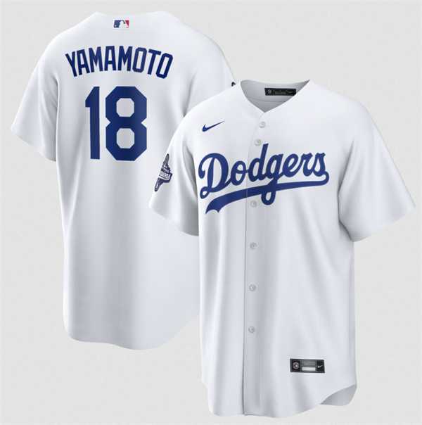 Men%27s Los Angeles Dodgers #18 Yoshinobu Yamamoto White 2025 World Series Champions Stitched Jersey