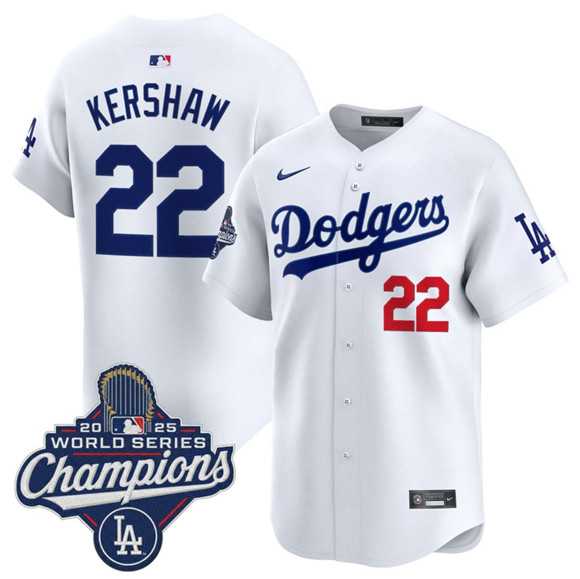 Men%27s Los Angeles Dodgers #22 Clayton Kershaw White 2025 Champions Stitched Jersey