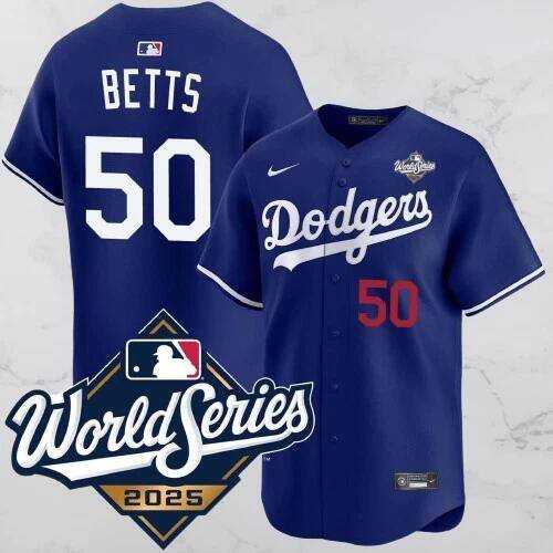 Men%27s Los Angeles Dodgers #50 Mookie Betts Blue 2025 World Series Vapor Limited Stitched Jersey
