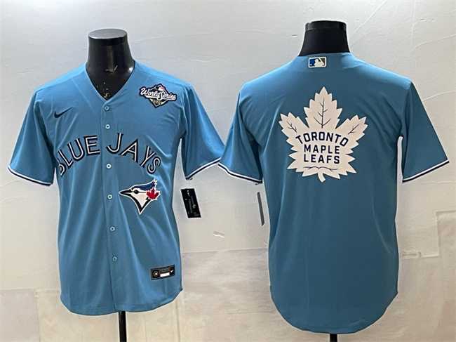 Men%27s Toronto Blue Jays & Leafs Blue 2025 World Series With White Leafs Logo Cool Base Stitched Jersey