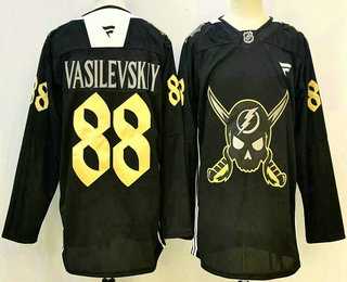 Men%27s Tampa Bay Lightning #88 Andrei Vasilevskiy Black Pirate Themed Warmup Authentic Jersey