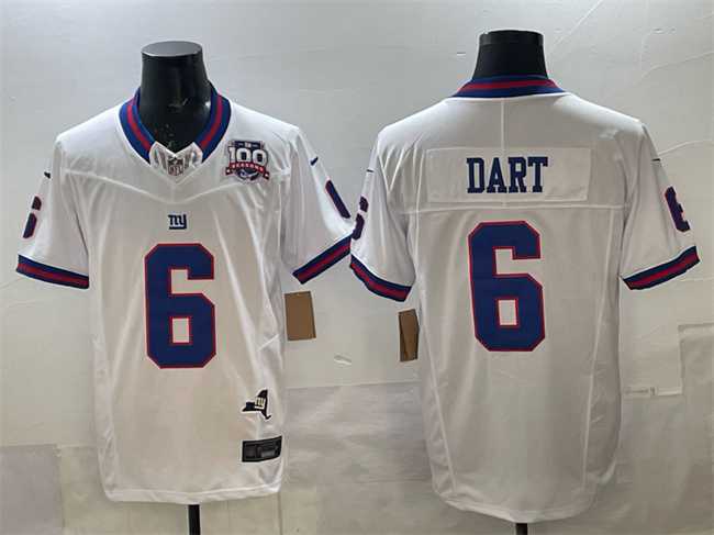 Men%27s New York Giants #6 Jaxson Dart White 2025 Draft F.U.S.E. 100th Season & State Patch Vapor Limited Stitched Jersey