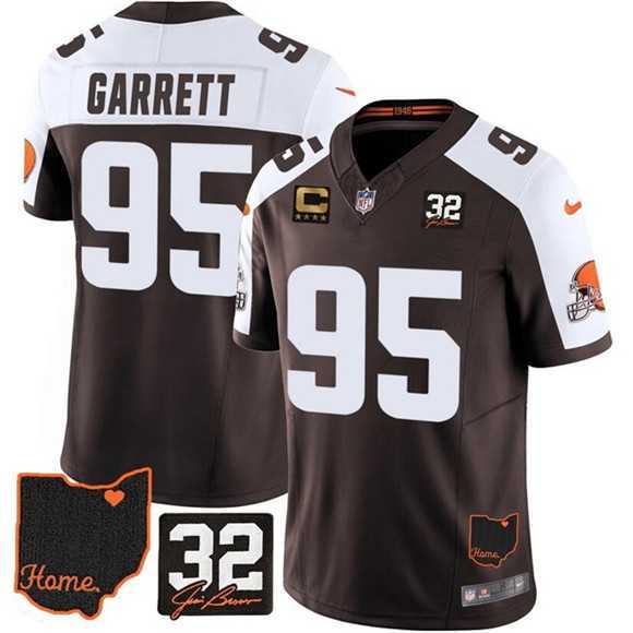 Men%27s Cleveland Browns #95 Myles Garrett Brown Alternate 2025 F.U.S.E. 4-Star C Patch With Jim Brown Memorial & Home Patch Vapor Limited Stitched Jersey Dzhi