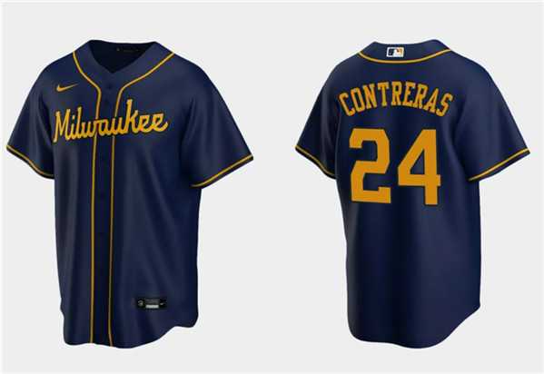 Men%27s Milwaukee Brewers #24 William Contreras Navy Cool Base Stitched Jersey