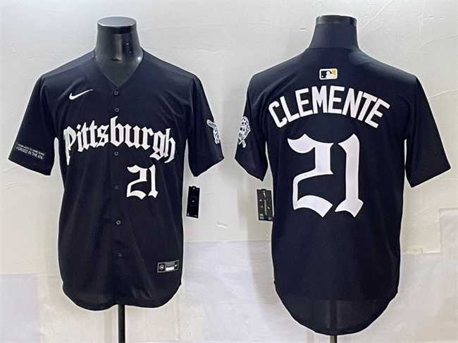Men%27s Pittsburgh Pirates #21 Roberto Clemente Black %27Gothic Steel City Edition%27 Vapor Limited Stitched Baseball Jersey