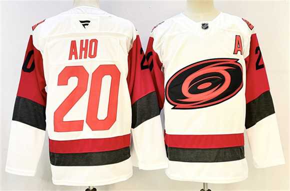 Men%27s Carolina Hurricanes #20 Sebastian Aho White 2024-25 With A Patch Home Stitched Jersey