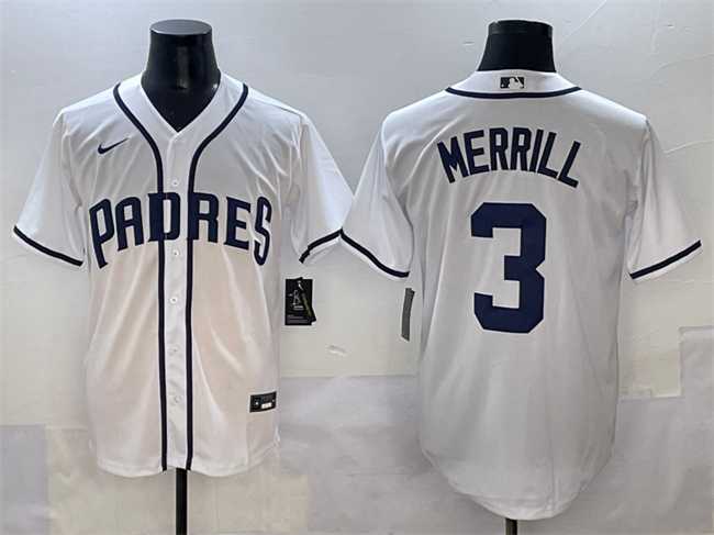Men%27s San Diego Padres #3 Jackson Merrill White Cool Base Stitched Baseball Jersey
