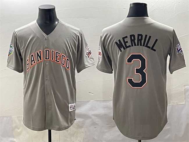 Men%27s San Diego Padres #3 Jackson Merrill Gray Fashion Throwback With Patch Cool Base Stitched Jersey