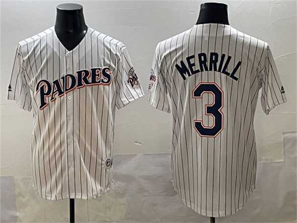 Men%27s San Diego Padres #3 Jackson Merrill White Throwback With Patch Cool Base Stitched Baseball Jersey