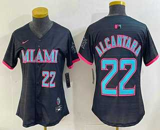 Women%27s Miami Marlins #22 Sandy Alcantara Number Black 2025 City Connect Limited Stitched Jersey