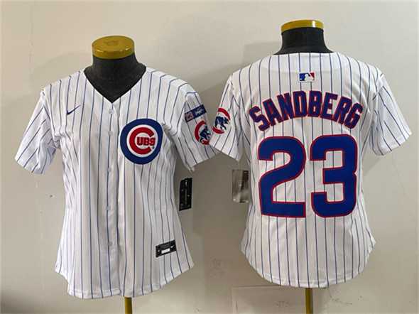 Women%27s Chicago Cubs #23 Ryne Sandberg White Pinstripe %27Ryne Sandberg Tribute%27 Vapor Limited V3 Stitched Jersey