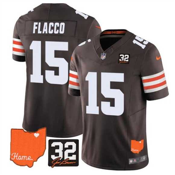 Men%27s Cleveland Browns #15 Joe Flacco Brown 2025 F.U.S.E. With Jim Brown Memorial & Home Patch Vapor Limited Stitched Jersey Dzhi