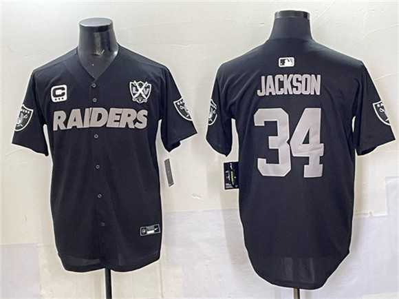 Men%27s Las Vegas Raiders #34 Bo Jackson Black With Nevada Silver Stat Patch And 65th Anniversary Patch 3-Star C Patch Stitched Baseball Jersey