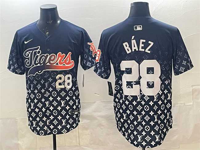 Men%27s Detroit Tigers #28 Javier Baez Navy With Patch Vapor Premier Limited Stitched Jersey Dzhi