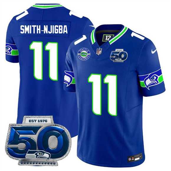 Men%27s Seattle Seahawks #11 Jaxon Smith-Njigba Royal 2025 F.U.S.E 50th Season Patch Throwback Vapor Limited Stitched Jersey Dzhi