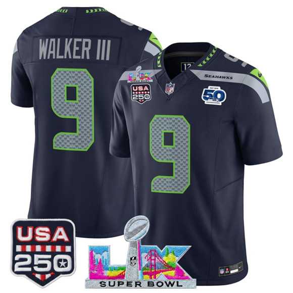 Men%27s Seattle Seahawks #9 Kenneth Walker III Navy 2025 F.U.S.E. Super Bowl LX Patch And 50th Season & USA 250%27 Patch Vapor Limited Stitched Jersey