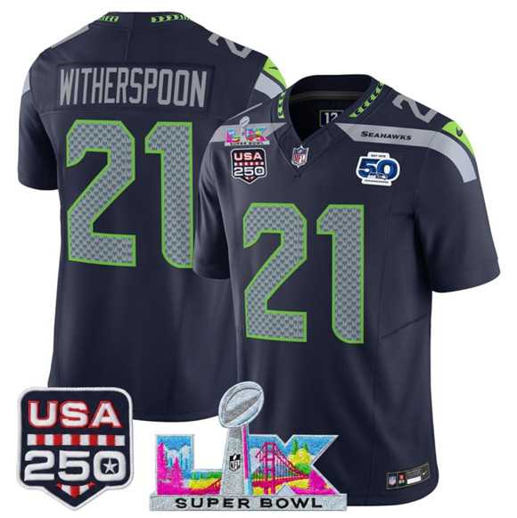 Men%27s Seattle Seahawks #21 Devon Witherspoon Navy 2025 F.U.S.E. Super Bowl LX Patch And 50th Season & USA 250%27 Patch Vapor Limited Stitched Jersey