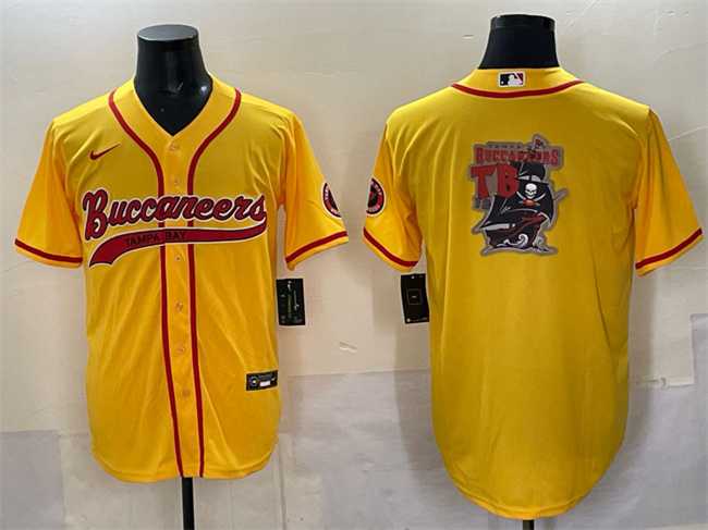 Men%27s Tampa Bay Buccaneers Team Big Logo Gold Cool Base Stitched Baseball Jersey