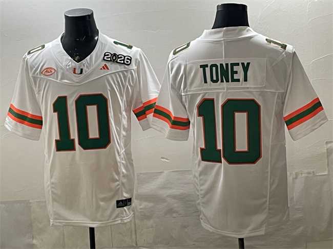 Men%27s Miami Hurricanes #10 Malachi Toney White F.U.S.E. 2026 & Florida Patch Stitched Football Jersey