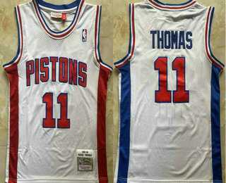Men%27s Detroit Pistons #11 Isiah Thomas White 1988-89 Hardwood Classics Soul Swingman Throwback Jersey