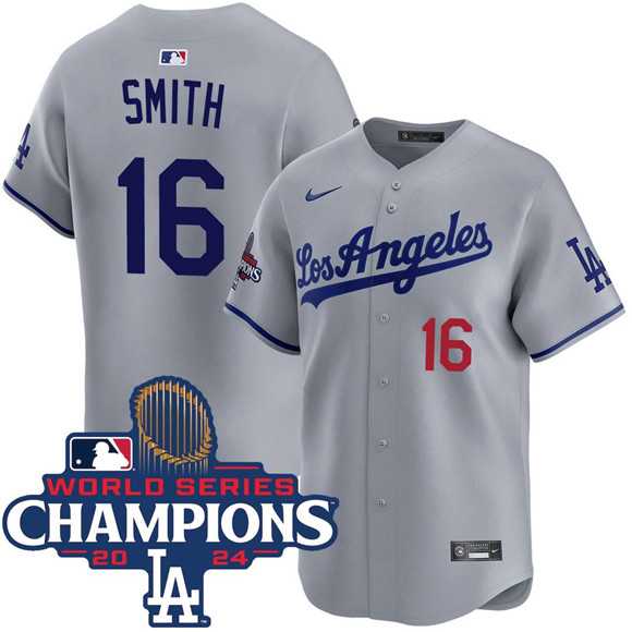 Men%27s Los Angeles Dodgers #16 Will Smith Gray 2024 World Series Champions Patch Limited Stitched Jersey Dzhi