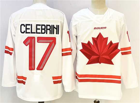 Men%27s Canada Hockey #17 Macklin Celebrini White Stitched Jersey