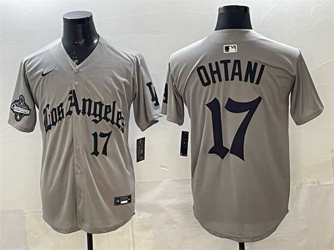 Men%27s Los Angeles Dodgers #17 Shohei Ohtani Grey LA Gothic Style With 2025 World Series Champions Patch Limited Stitched Jersey Dzhi
