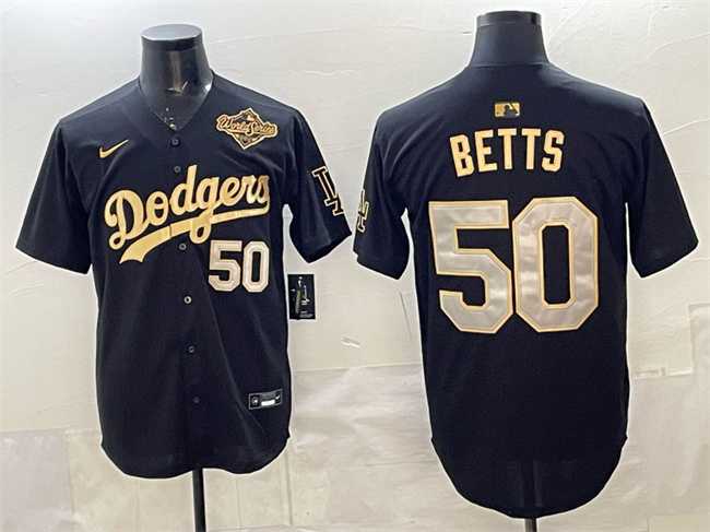 Men%27s Los Angeles Dodgers #50 Mookie Betts Black Gold 2025 World Series Patch Limited Stitched Jersey Dzhi