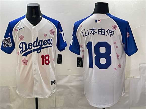 Men%27s Los Angeles Dodgers #18 Yamamoto White Royal 2025 World Series Champions Patch Tokyo Series Limited Stitched Jersey Dzhi