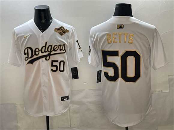 Men%27s Los Angeles Dodgers #50 Mookie Betts White Gold 2025 World Series Patch Limited Stitched Jersey Dzhi