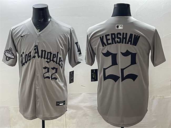 Men%27s Los Angeles Dodgers #22 Clayton Kershaw Grey LA Gothic Style With 2025 World Series Champions Patch Limited Stitched Jersey Dzhi