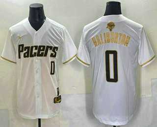 Men%27s Indiana Pacers #0 Tyrese Haliburton White Gold 2025 Finals Vapor Stitched Baseball Jersey