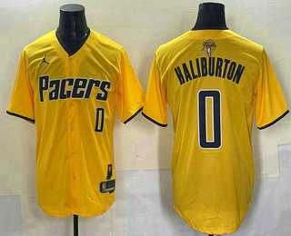 Men%27s Indiana Pacers #0 Tyrese Haliburton Yellow 2025 Finals Vapor Stitched Baseball Jersey