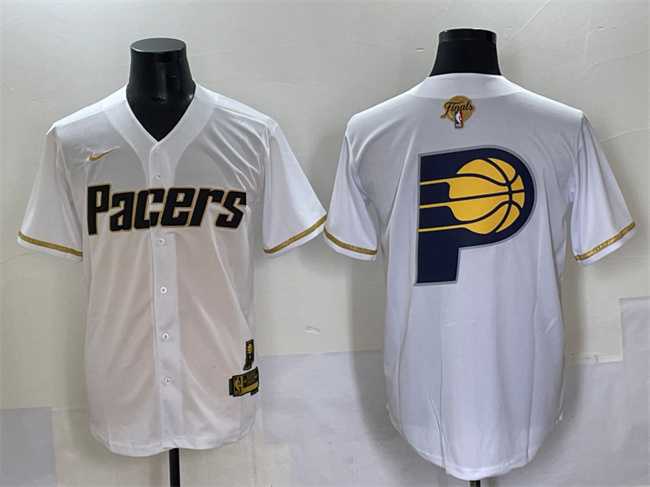 Men%27s Indiana Pacers Team Big Logo White Gold 2025 Finals Vapor Stitched Baseball Jersey