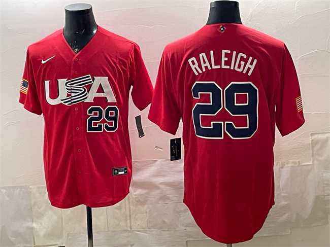 Men%27s USA #29 Cal Raleigh 2023 Red World Baseball Classic Stitched Jersey Dzhi