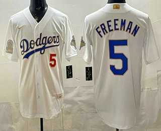 Men%27s Los Angeles Dodgers #5 Freddie Freeman White Gold World Series Champions Collection Limited Jersey