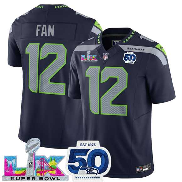 Men%27s Seattle Seahawks #12 Fan Navy 2025 F.U.S.E. Super Bowl LX Patch And 50th Season Patch Vapor Limited Stitched Jersey